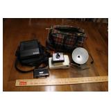 TWO VINTAGE POLAROIDS, CAMERA ACCESSORIES & MORE