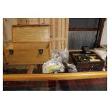 WOOD BOX W/ GUN CLEANING SUPPLIES & BLACK POWDER