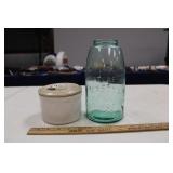 EARLY ATLAS MASONS JAR & MIDGET CROCK W/ LID