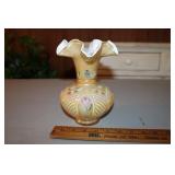 FENTON RUFFLE VASE W/ GOLD OVERLAY PAINTED BY