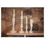 THREE WOOD CANDLESTICK HOLDERS & CERAMIC BUST