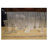 GLASS CANDLESTICK HOLDERS & FROSTED GLASS VASES