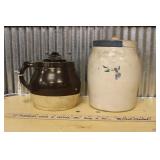 TWO TONE STONEWARE JUG & WHITE CROCK