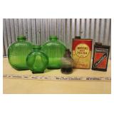 GREEN GLASS BOTTLES & COLLECTIBLE TINS
