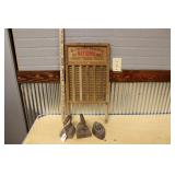 BRASS KING TOP NOTCH WASHBOARD & (3) SAD IRONS