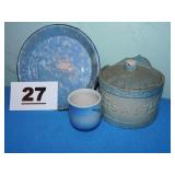 SALT CROCK-PLATE-OTHER PIECE WITH DAMAGED LID SALT CROCK-PLATE-OTHER PIECE WITH DAMAGED LID