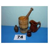 WOODEN MORTAR & PESTAL, PITCHER & INSULATOR