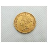 1854 $3 GOLD COIN, INDIAN PRINCESS HEAD, RARE