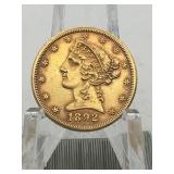 1892CC CARSON CITY $5 GOLD PIECE