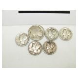 5 MERCURY SILVER DIMES, 1 BUFFALO NICKEL