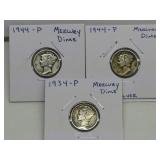 3 MERCURY SILVER DIMES, 1944, 1944, 1934 3 MERCURY SILVER DIMES, 1944, 1944, 1934