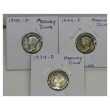 3 MERCURY SILVER DIMES, 1944, 1944, 1934