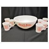 Antique Tom & Jerry Custard Glass Punch Bowl Mugs