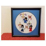 Framed Native American Children Cross Stitch Art