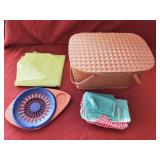 Vintage Woven Picnic Basket w Wood Composite Top