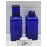 Two Indigo Glass Medicine Bottles & One Dose Cup