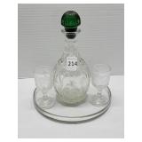 Vintage Liquor Bottle Green Stopper 2 Glasses Tray