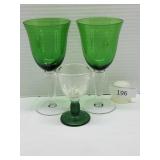 Two Green Glass Goblets & One Aperitif Glass