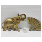 Two Brass Wall Art Pieces - Fan & Elephant
