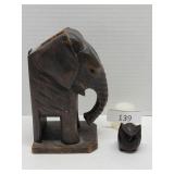7.5" Hand Carved Elephant & Owl Wood Sculptures
