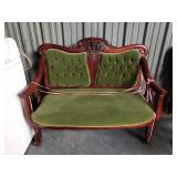 Antique Wood & Green Velvet Victorian Settee