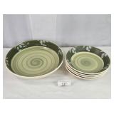 Large Green Swirl Serving Bowl & Four Salad Bowls
