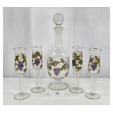Decanter & Four Grape Themed Handpainted Glasses