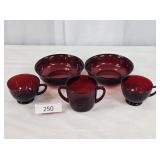 Ruby Glass Two Bowls Two Cups Sugar Bowl