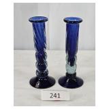 Pair Art Glass Blue Twisted Candlesticks