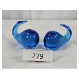 Two Heavy Blue Glass Decorative Happy Whales
