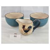 Rooster Milk Pitcher & Two Blue Bowls