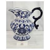 Ornate Blue & White Glazed Ceramic Pitcher