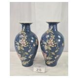 Pair Aqua Blue Floral Ceramic Pottery Vase