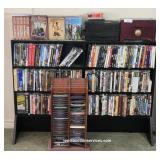 Large Collection of DVD, CD, VHS Tapes & Racks