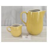 Bright Yellow Ribbed Pottery Pitcher & Creamer