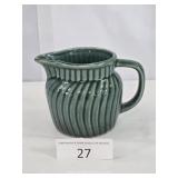 Vintage Ribbed Green Glazed Pottery Pitcher
