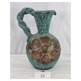Blue-Green Pottery Pitcher Copper Flower Accent