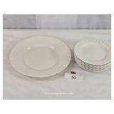 One Vintage White Swirl Plate & Seven Saucers