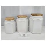Set of Three White Kitchen Canisters w/ Wood Lids