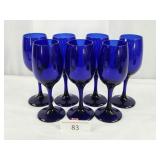 Seven Blue Glass Stem Wine Glasses