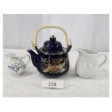 Blue Pottery Teapot & Two Small Creamers