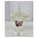 White Porcelain Flower Basket Vase w/ Gold Trim