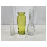 Three Cut Glass Green & Clear Bud Vases
