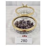 Glass Brass Trimmed Bowl w/ Raw Amethyst Stones