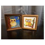 Pair Small Cross Stitch Owls Wood Frame 6.5"x6.5"