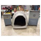 Dogloo Pet Shelter and Two Miller Manufacturing Automatic Dog Feeders