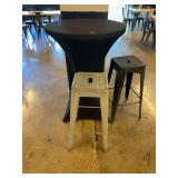 Spandex covered Table and Two Metal Bar Stools