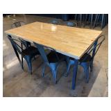 Rectangular Butcher Block Dining Table with Six Metal Chairs
