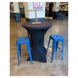 High Top Table with Spandex Cover and Two Metal Stools