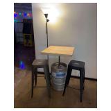 Custom Beer Keg PubTable, Floor Lamp, Two Metal Stools